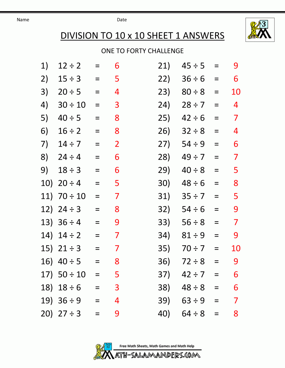Free Printable Division Fact Worksheet