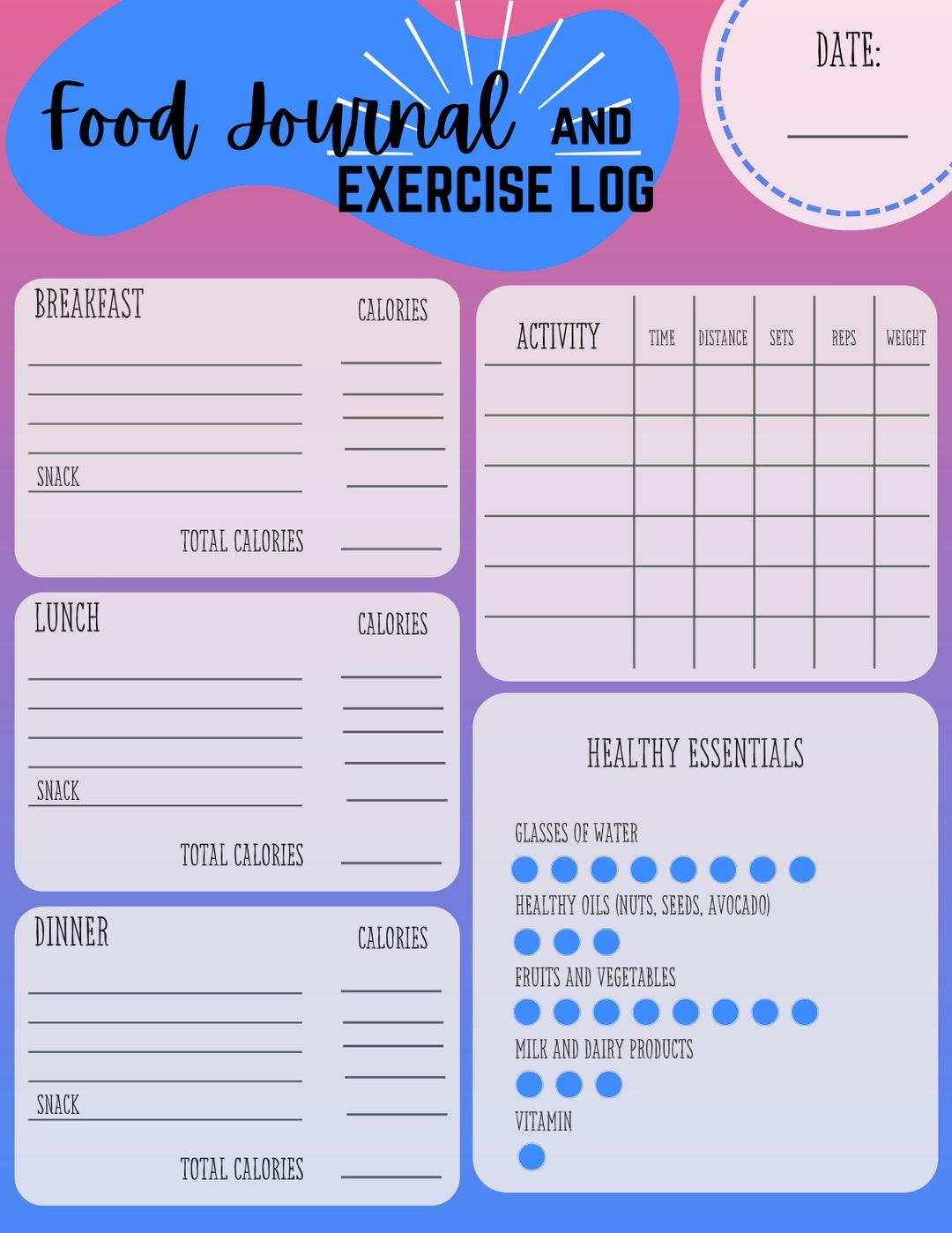 Printable Food Journal And Exercise Log Worksheets Library
