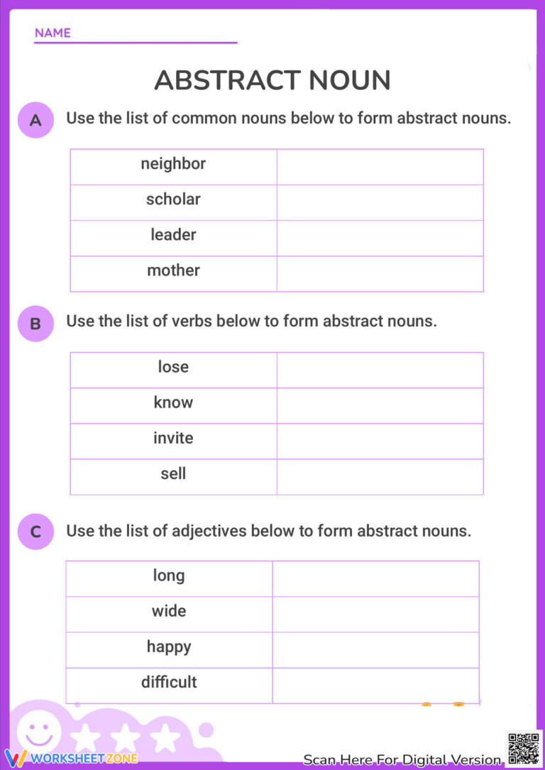 Printable Grade 3 Abstract Nouns Worksheets