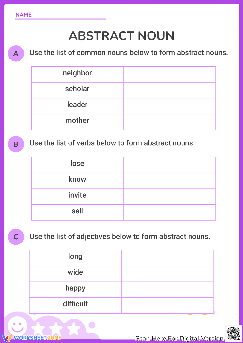Printable Grade 3 Abstract Nouns Worksheets