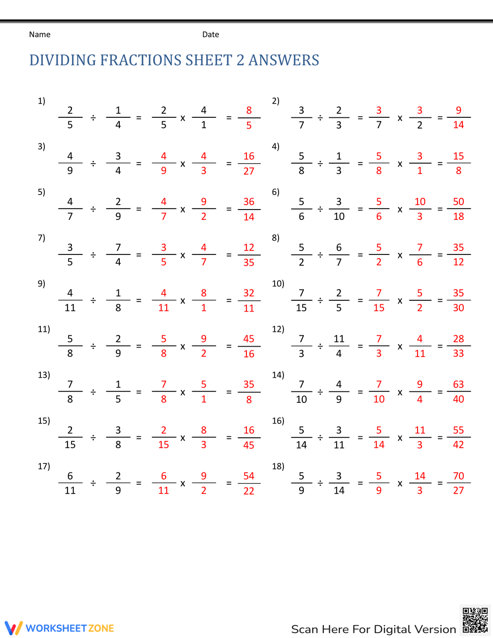 Printable Grade 5 Dividing Fractions Worksheets Download