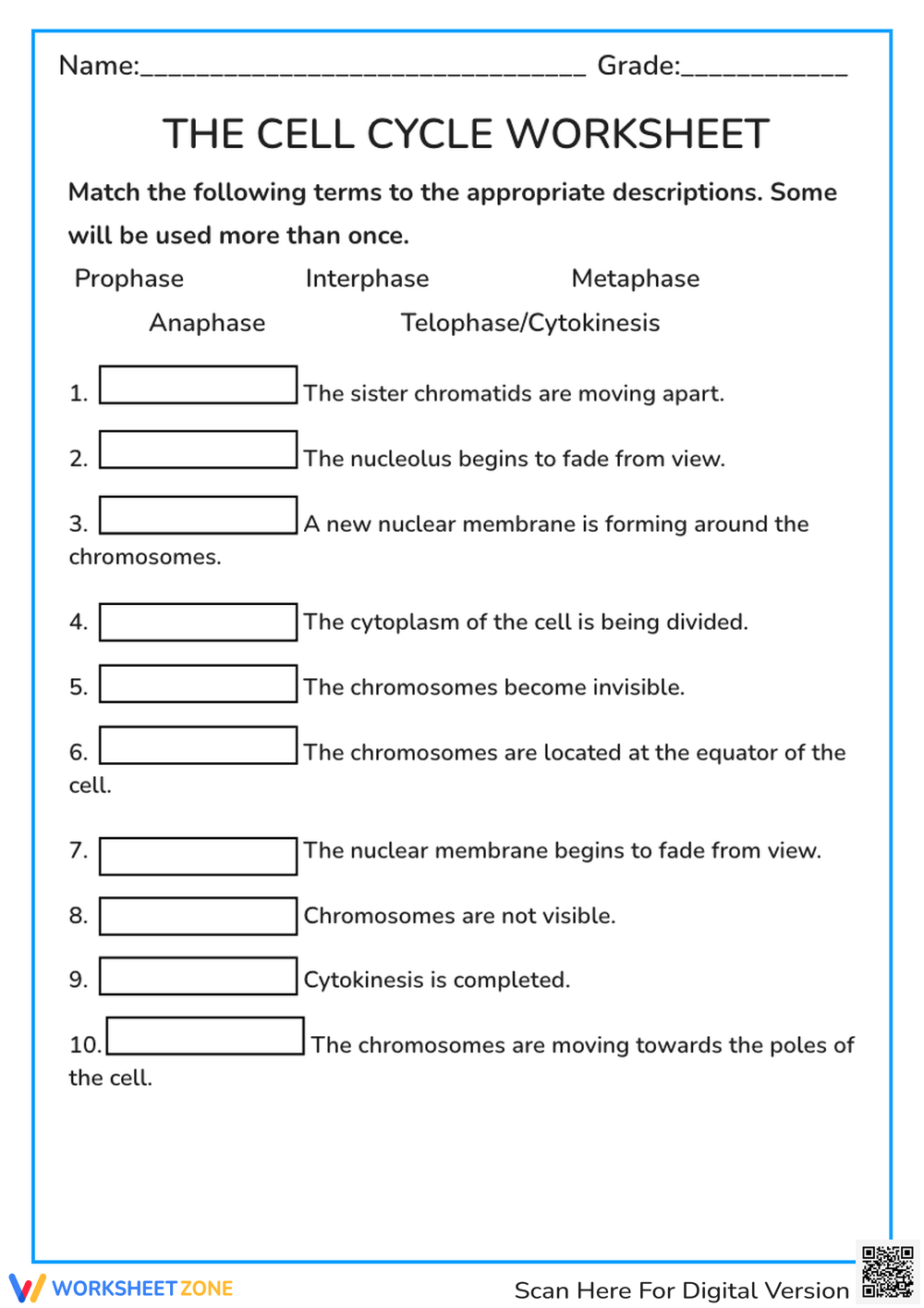 Printable Grade 9 Cell Structure And Function Worksheets Download
