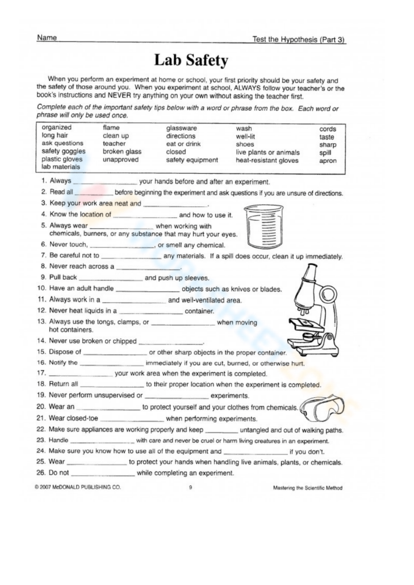 Printable Lab Safety Worksheets Download