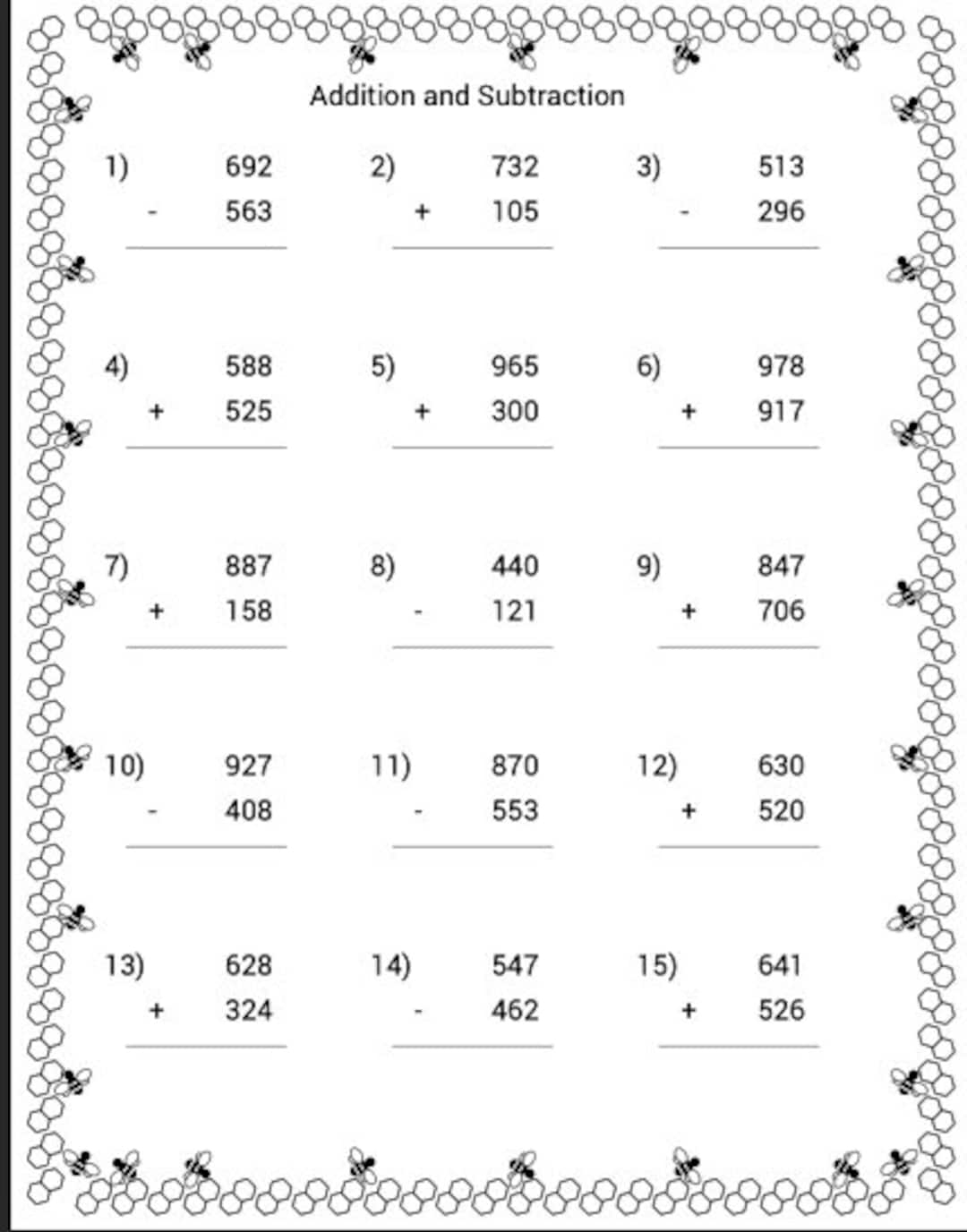 Printable Math Worksheets Addition And Subtraction Homeschool Instant Download With Answers Etsy