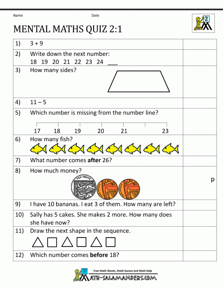 Printable Mental Maths Year 2 Worksheets