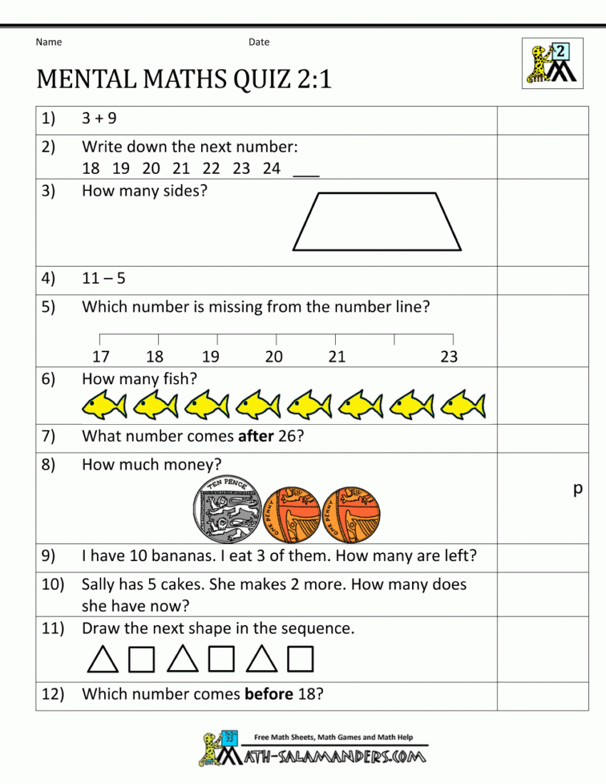 Printable Mental Maths Year 2 Worksheets