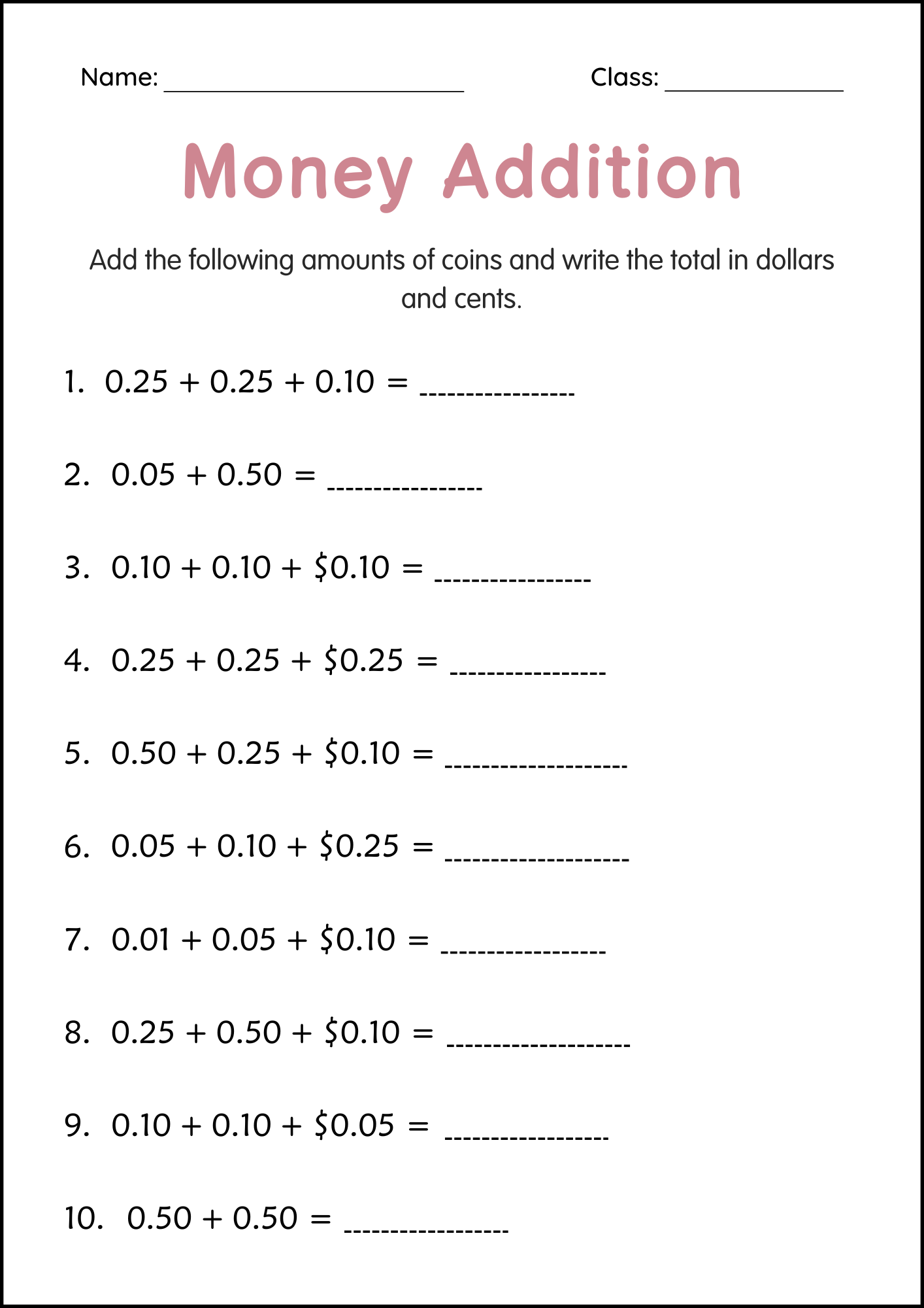 Printable Math Worksheets Grade 2 Money
