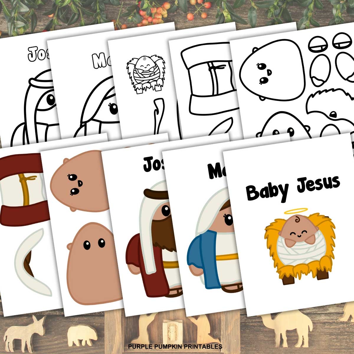 Printable Nativity Paper Craft To Color Holy Family In Two Sizes