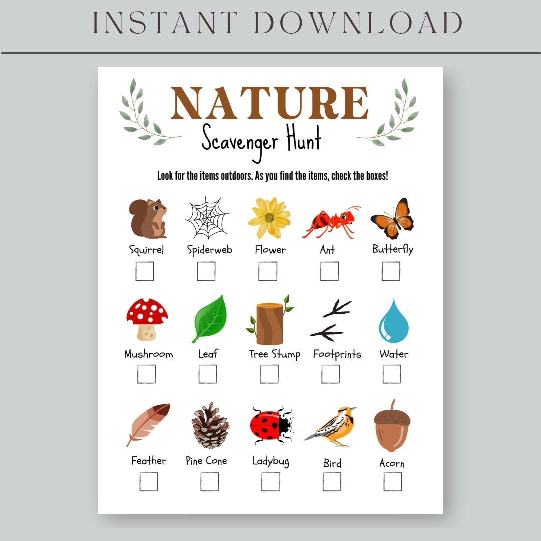 Printable Nature Scavenger Hunt Outdoor Scavenger Hunt Game Kids Camping Games Preschool Outdoor Activity Outdoor Activity Yard Games Etsy UK