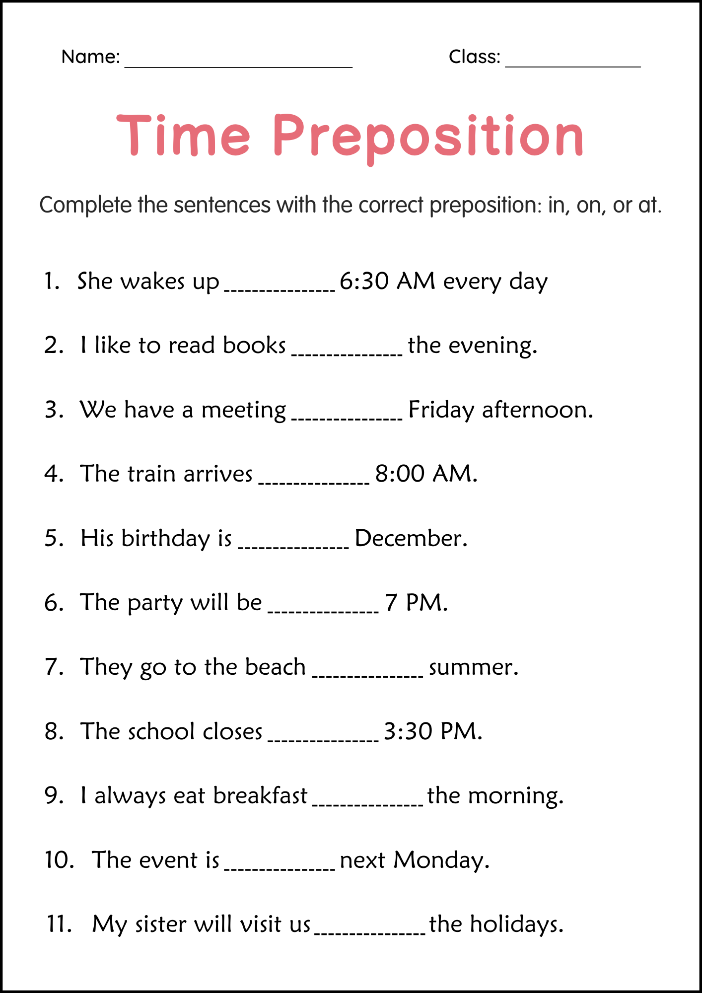 Printable Preposition Of Time In On Or At Worksheets For Grade 1 2 3 Teaching Resources Printable Preposition Of Time In On Or At Worksheets For Grade 1 2 3 Teaching Resources