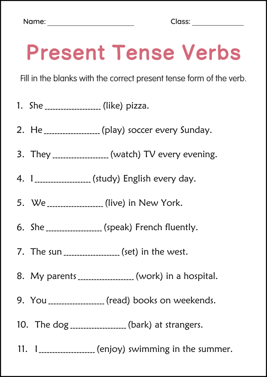 Printable Simple Present Tense Verbs Grammar Worksheets For Grade 2 3 4 Teaching Resources