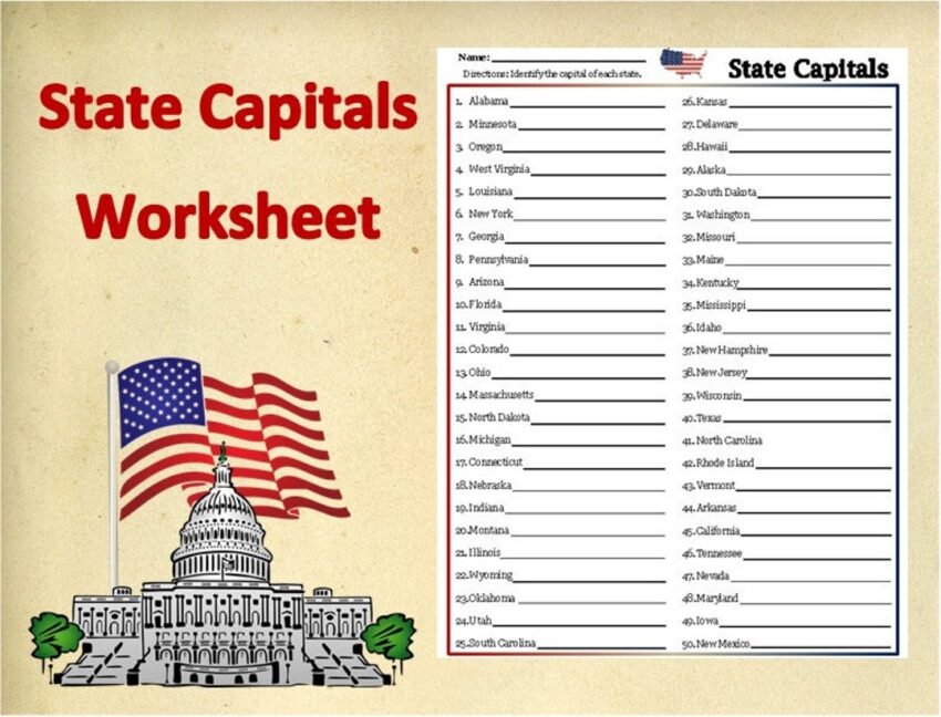 Printable U S State Capitals Worksheet test practice Test social Studies Homework digital Class Worksheets state Capitals Learning Tools Etsy