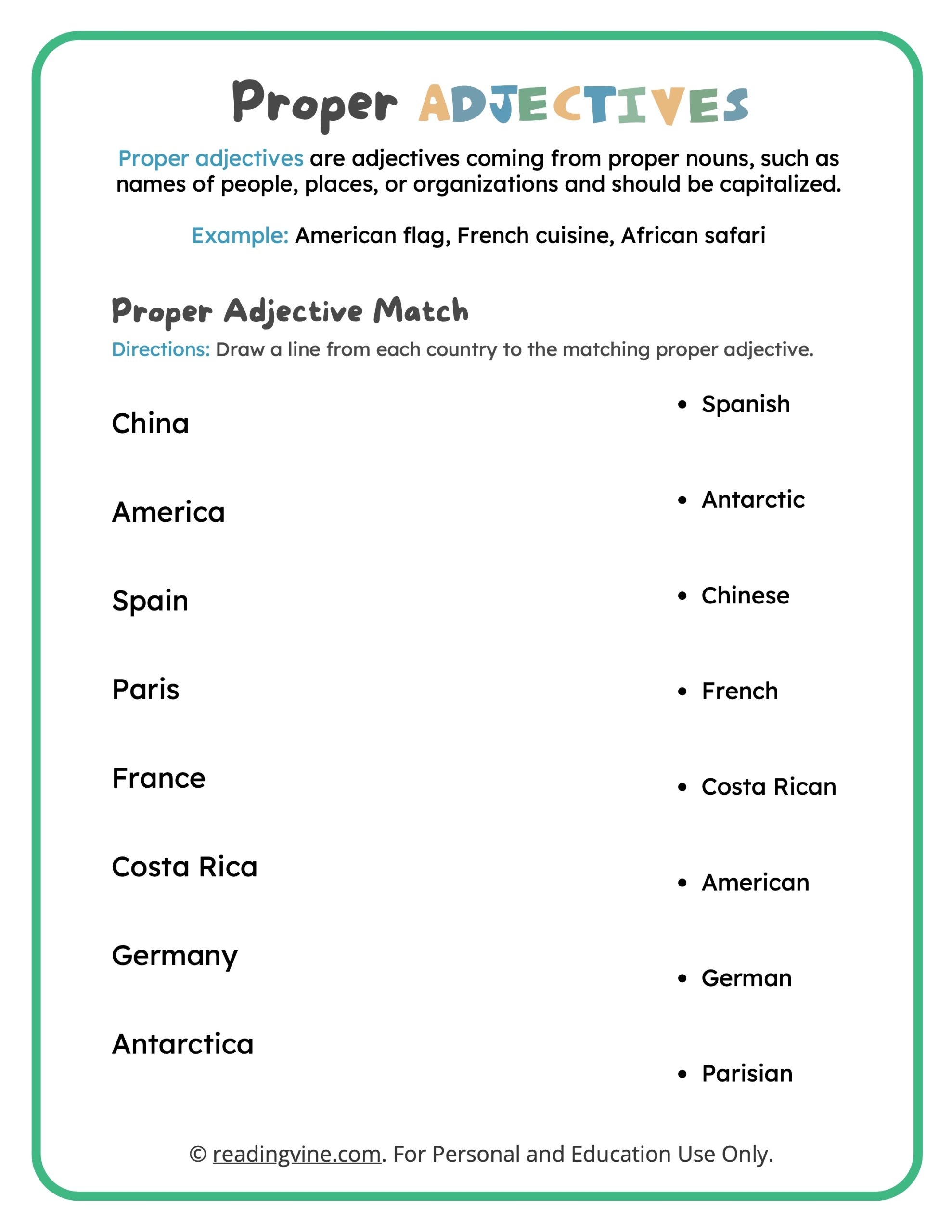 Proper Adjectives Worksheets ReadingVine Proper Adjectives Worksheets ReadingVine