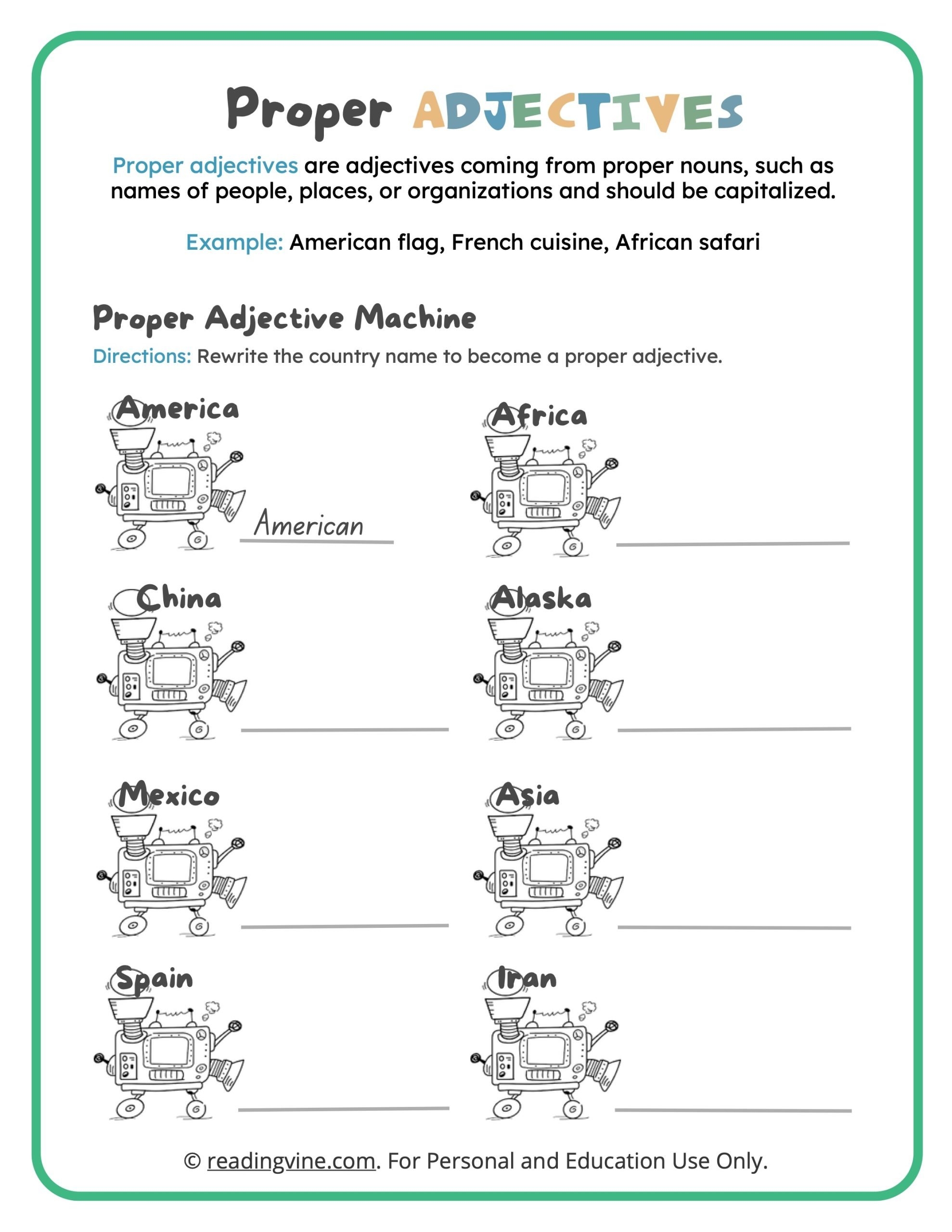 Proper Adjectives Worksheets ReadingVine Proper Adjectives Worksheets ReadingVine