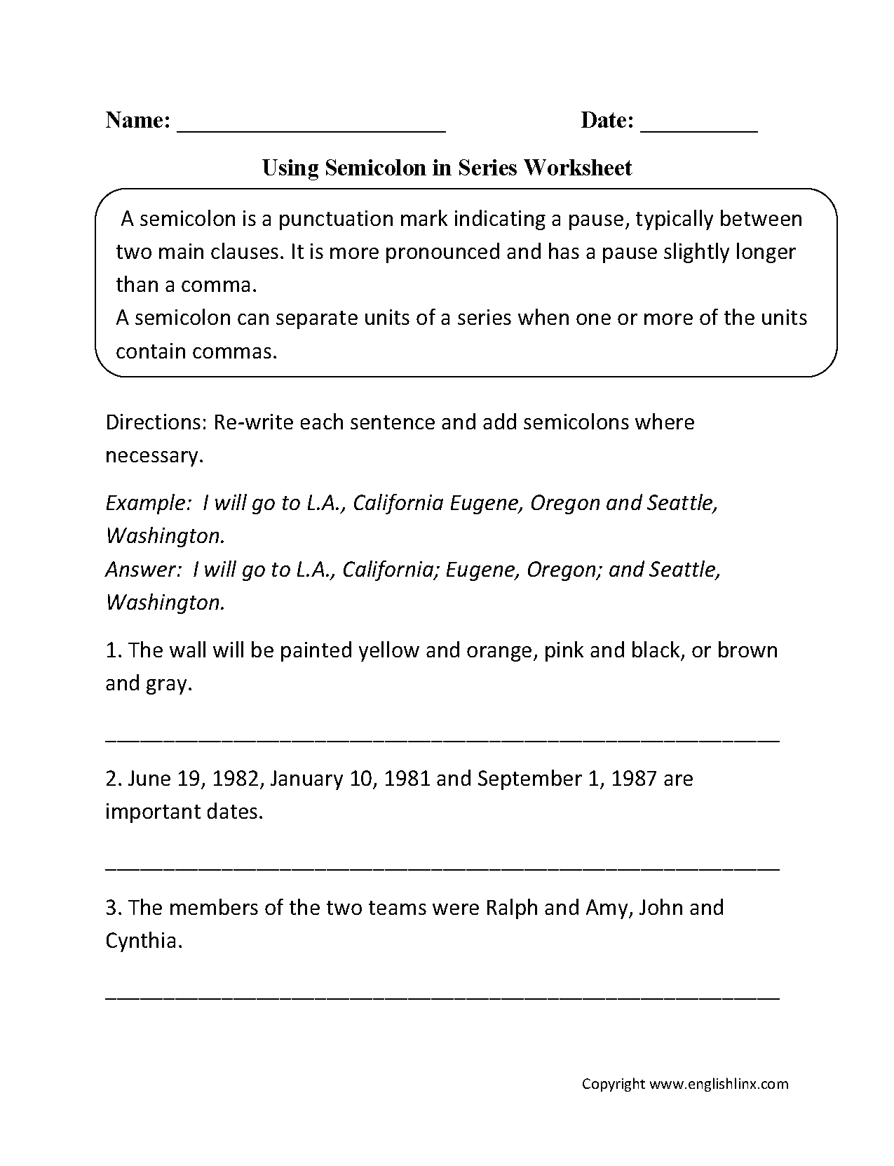 Punctuation Worksheets Semicolon Worksheets