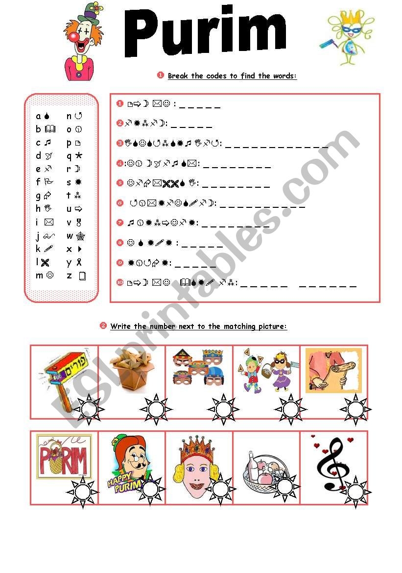 Purim Worksheets Printable