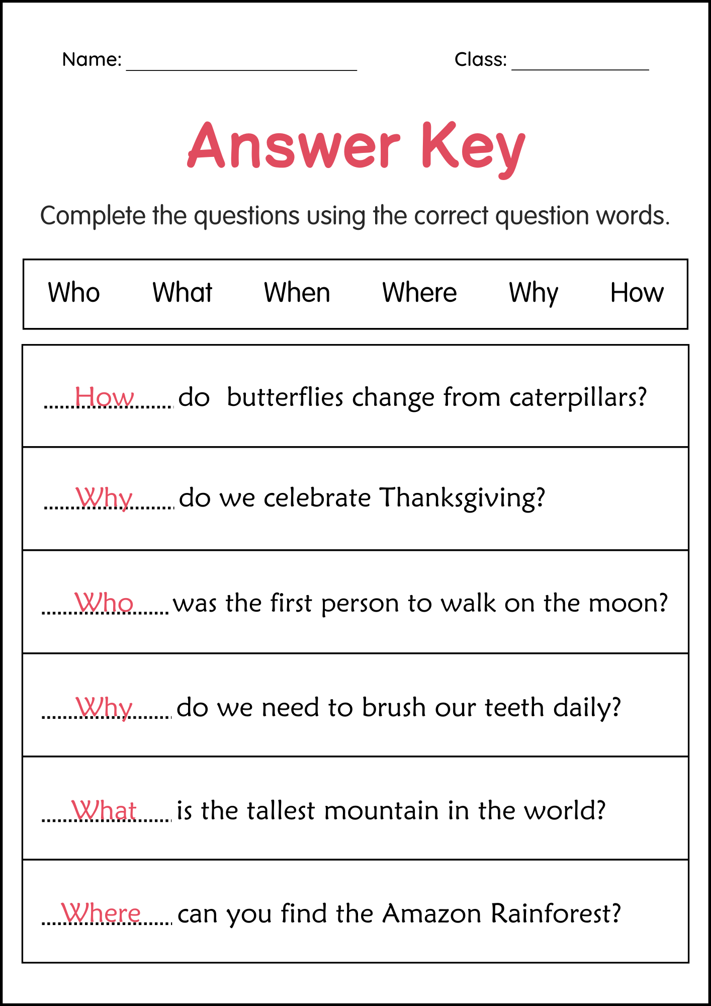 Question Words Worksheet Kindergarten