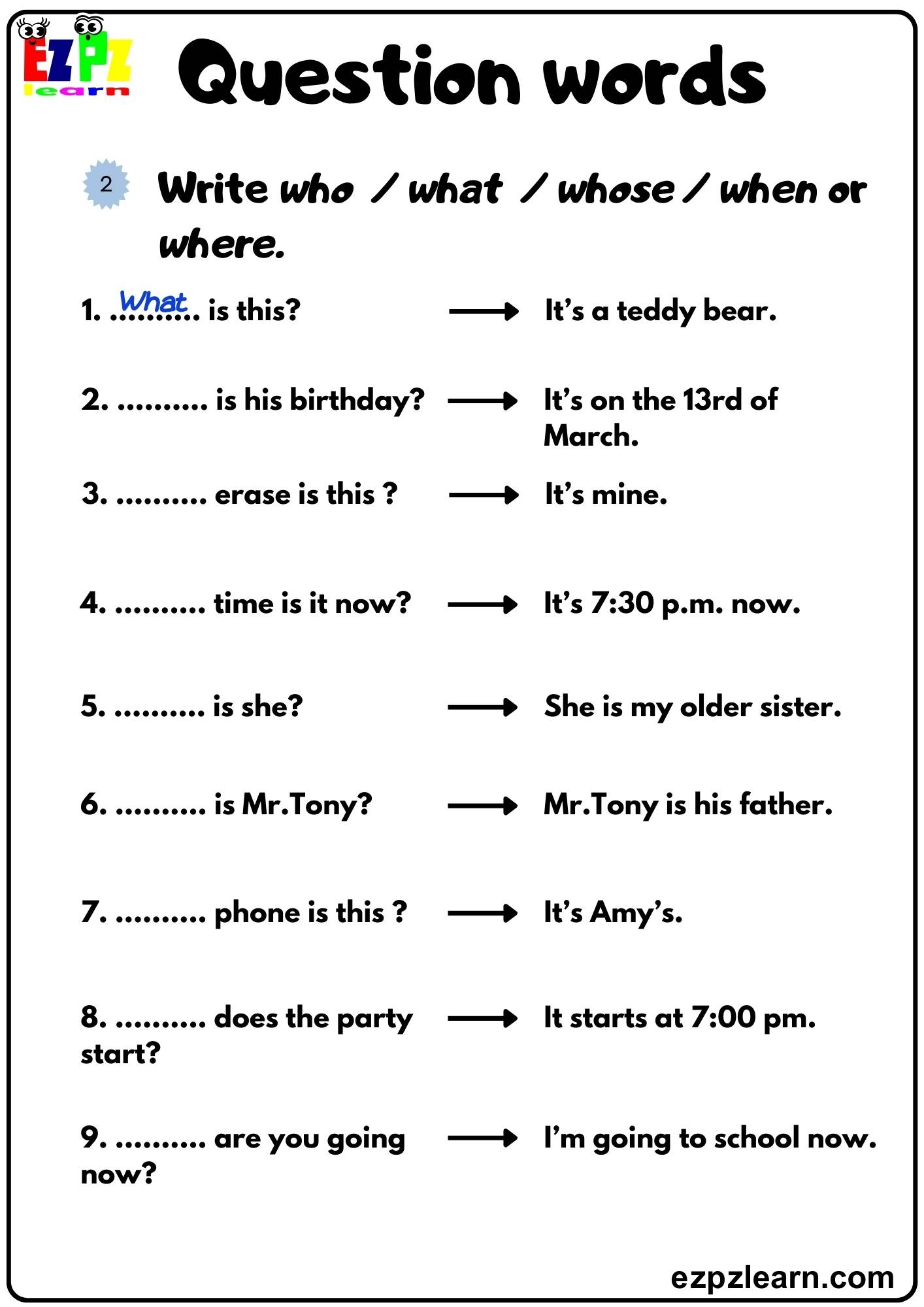 Question Words Write The Correct Question Word Grammar Exercise Bk1 Free Printable Pdf Ezpzlearn Question Words Write The Correct Question Word Grammar Exercise Bk1 Free Printable Pdf Ezpzlearn