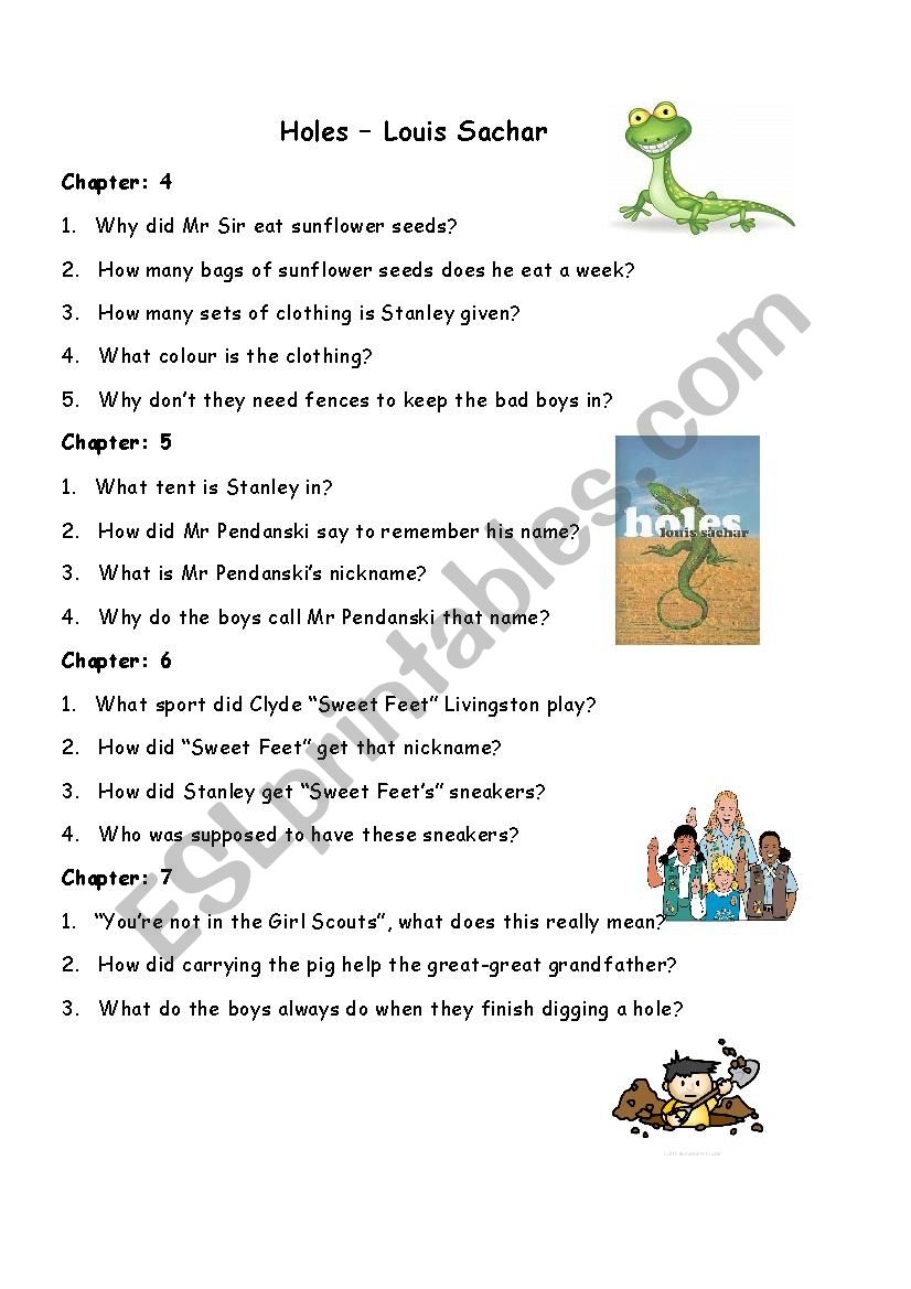 Questions To The Book Holes ESL Worksheet By Tayloranne Questions To The Book Holes ESL Worksheet By Tayloranne