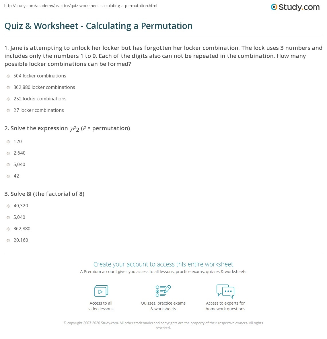 Quiz U0026 Worksheet Calculating A Permutation Study