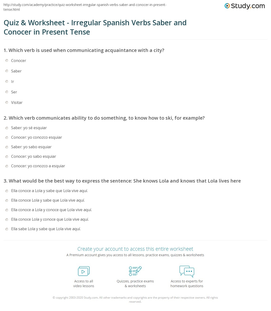 Quiz U0026 Worksheet Irregular Spanish Verbs Saber And Conocer In Present Tense Study