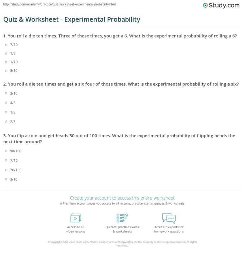 Quiz Worksheet Experimental Probability Study
