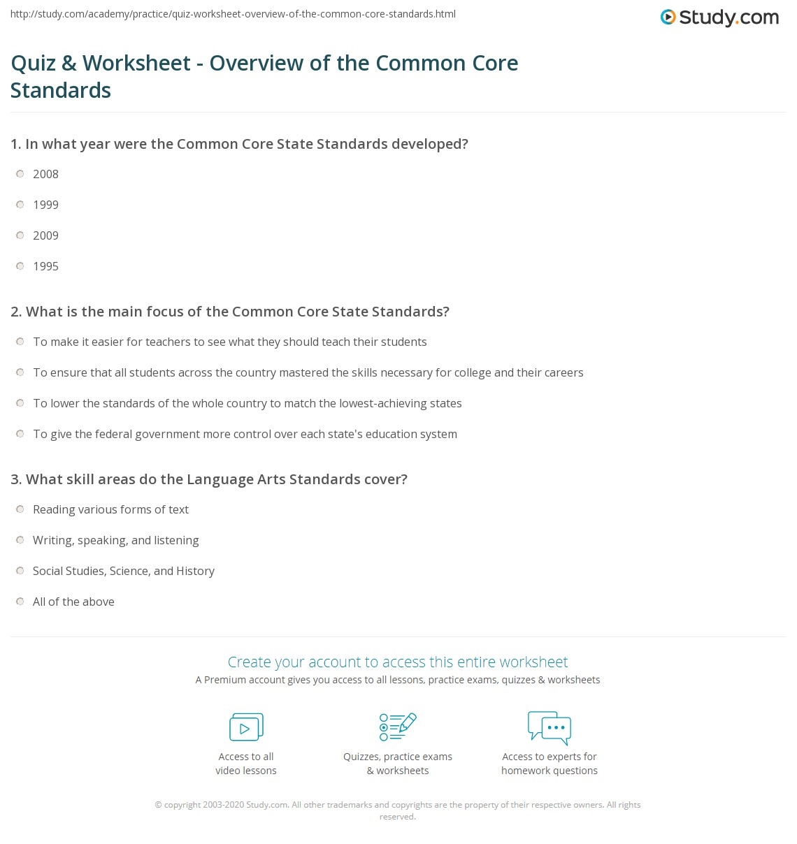 Quiz Worksheet Overview Of The Common Core Standards Study