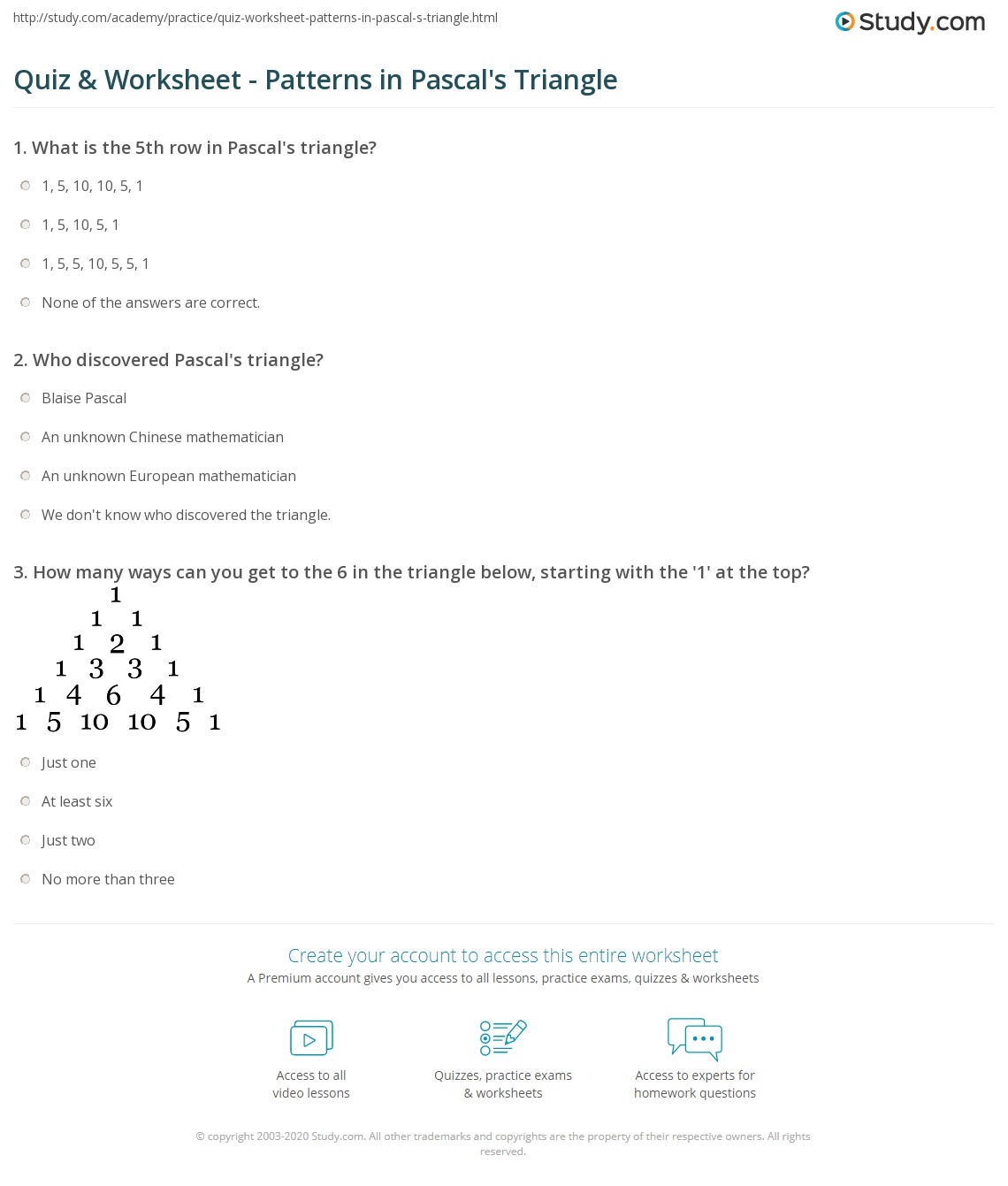 Pascal's Triangle Printable Worksheet