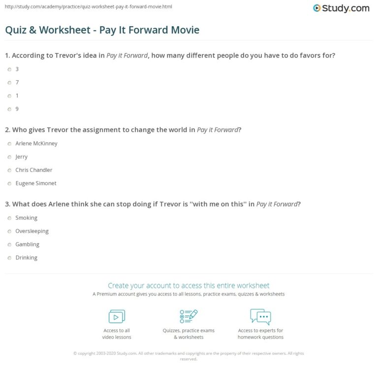Quiz Worksheet Pay It Forward Movie Study