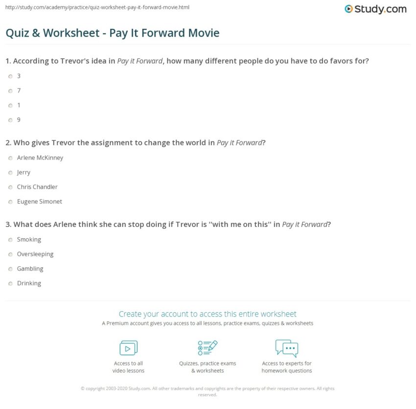 Quiz Worksheet Pay It Forward Movie Study