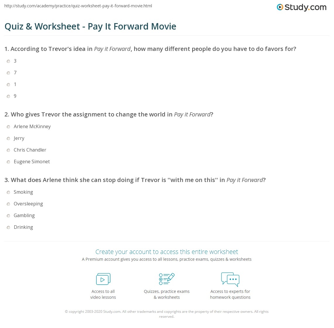 Quiz Worksheet Pay It Forward Movie Study
