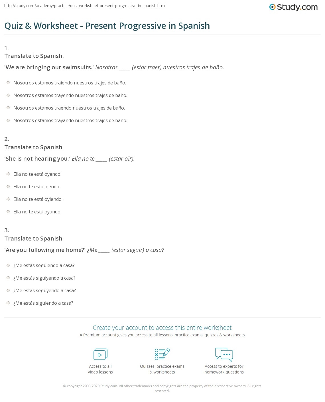 Quiz Worksheet Present Progressive In Spanish Study Quiz Worksheet Present Progressive In Spanish Study