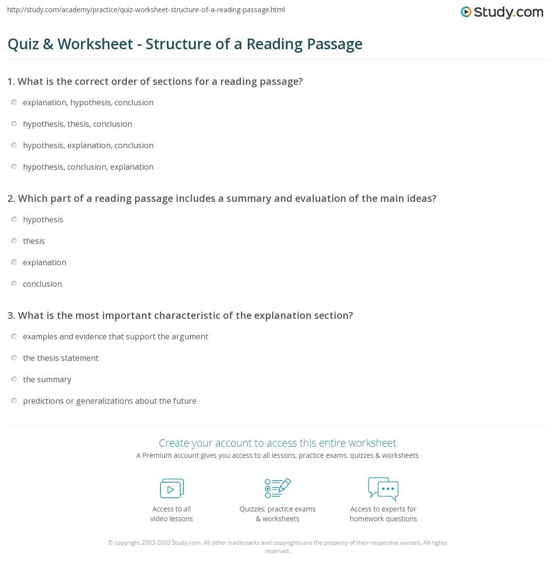 Quiz Worksheet Structure Of A Reading Passage Study Quiz Worksheet Structure Of A Reading Passage Study