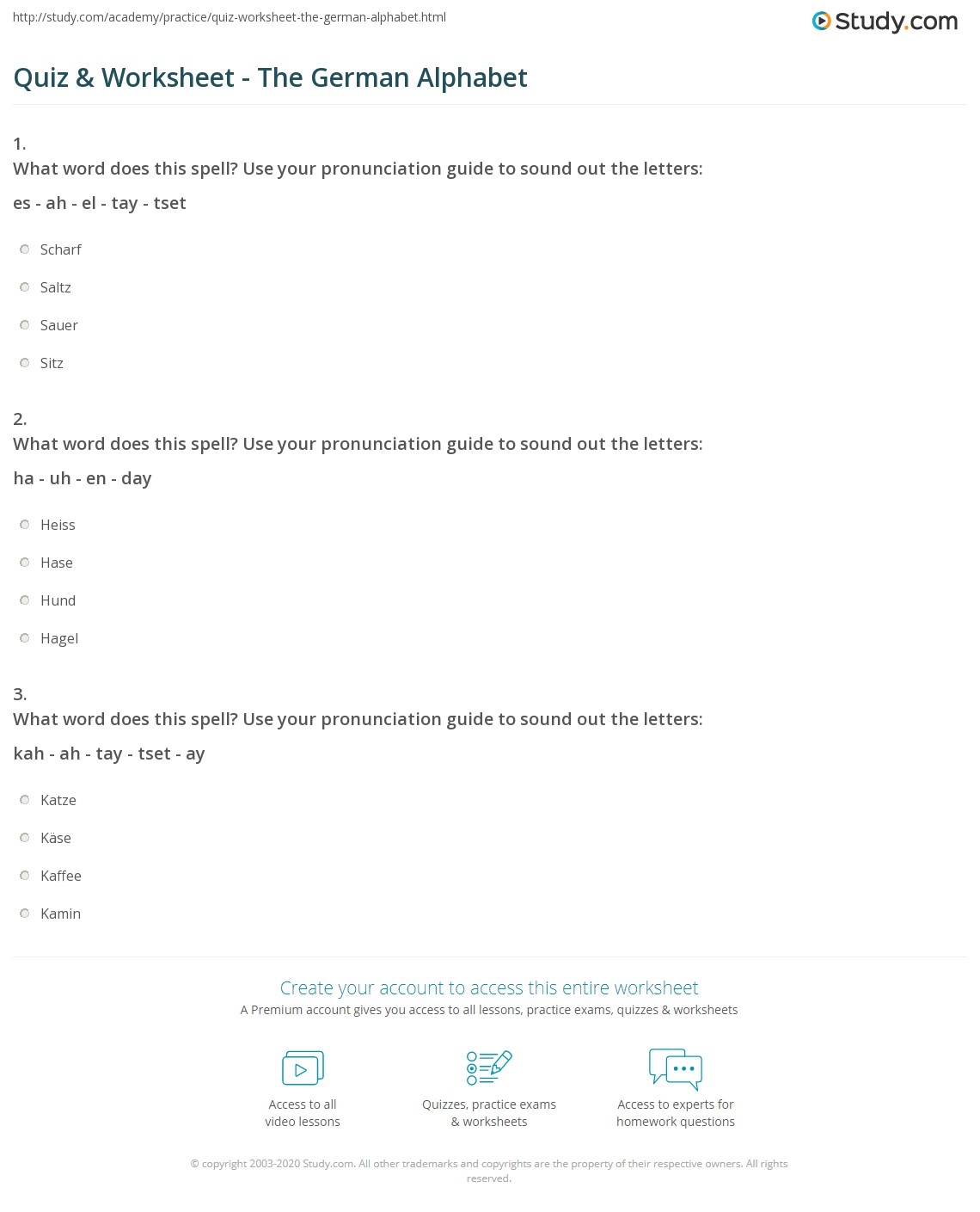 Quiz Worksheet The German Alphabet Study