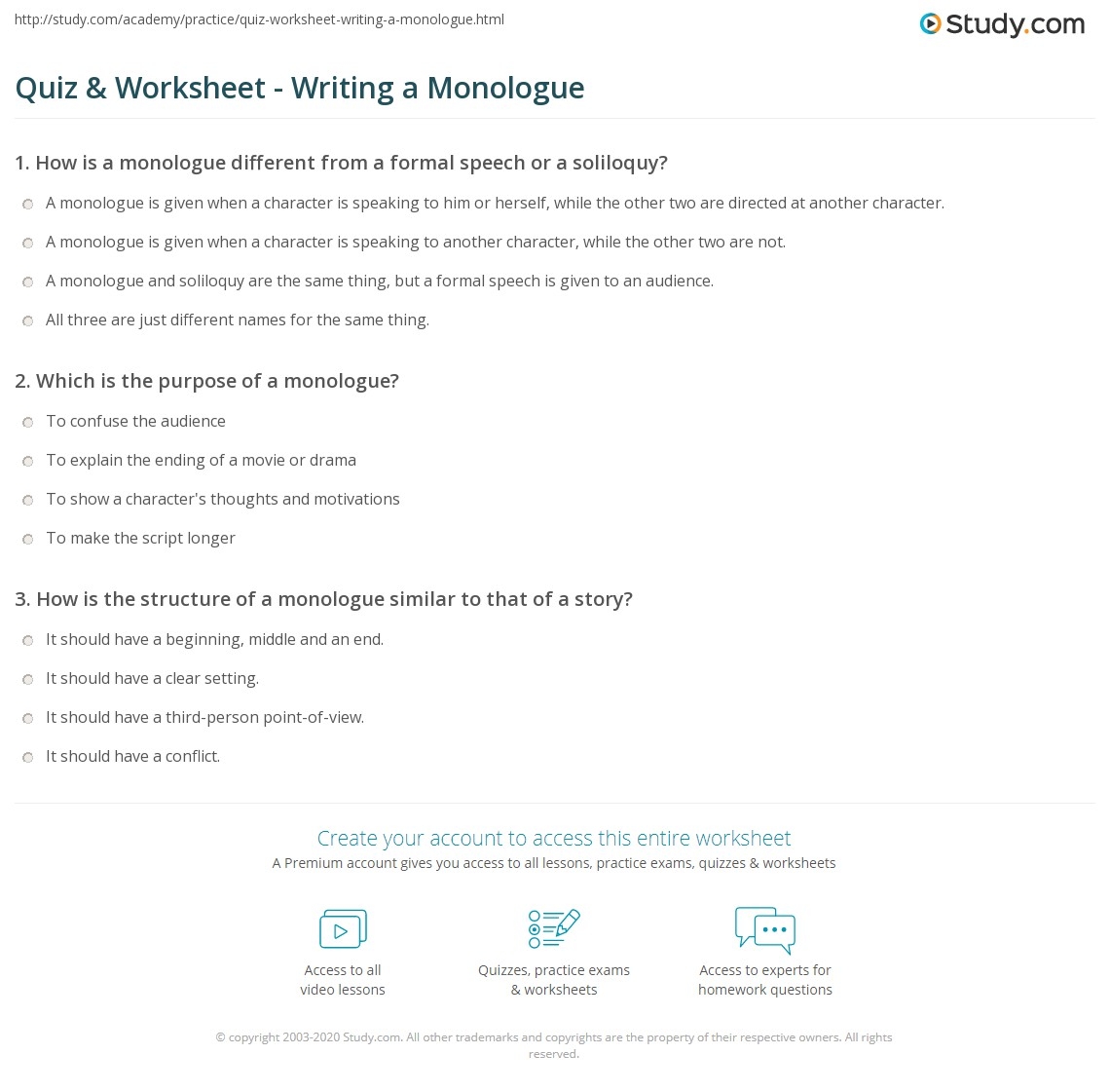 Quiz Worksheet Writing A Monologue Study Quiz Worksheet Writing A Monologue Study
