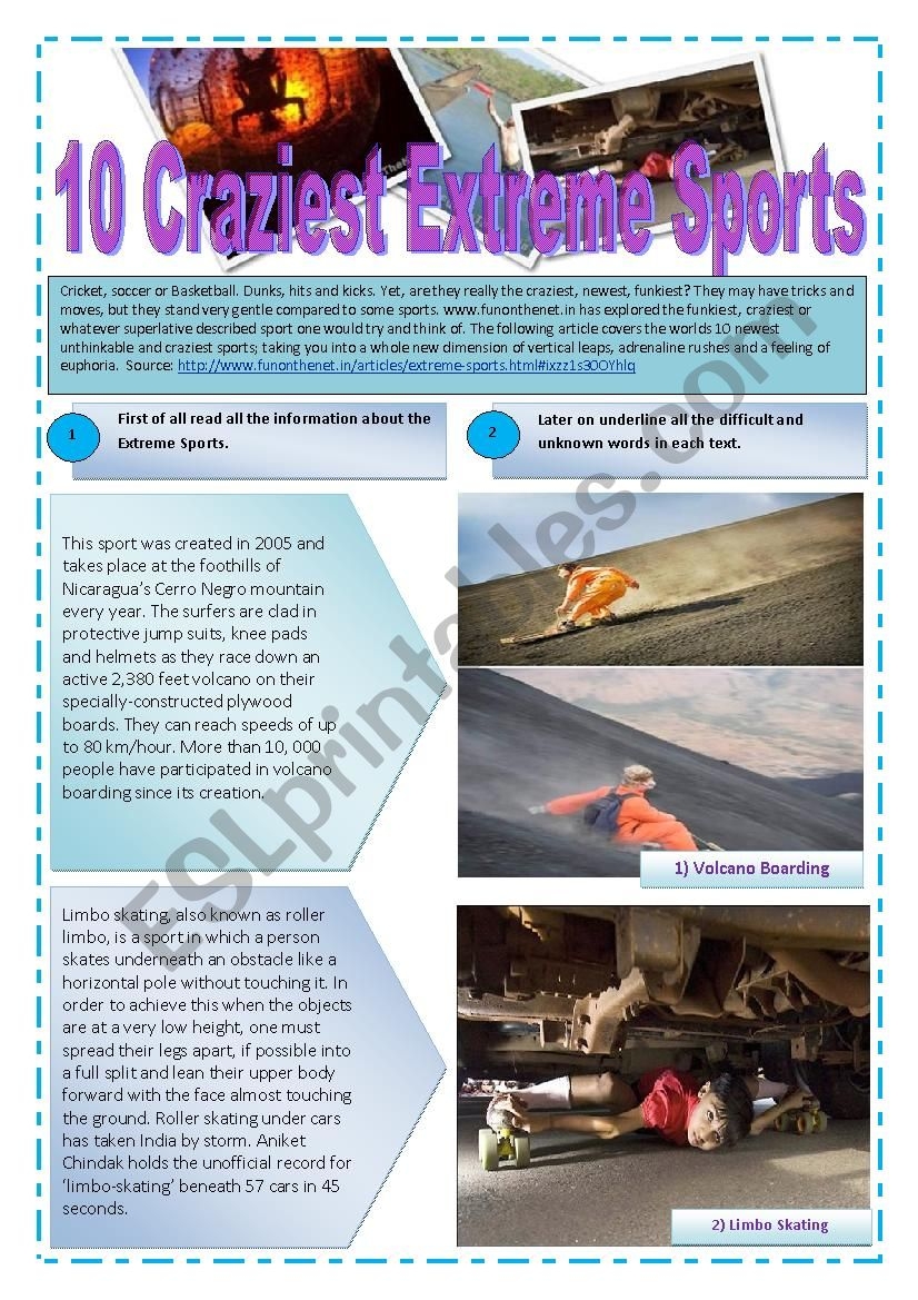 RADICAL SPORTS 10 Pages Part 3 Of 3 Reading Activity About 10 Craziest Extreme Sports With 20 Exercises And Texts For Reading And Comprehension ESL Worksheet By Starrr