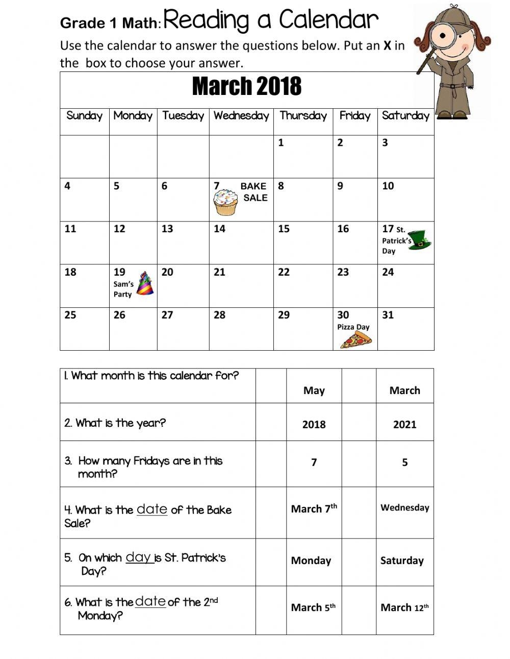 Reading A Calendar Grade 1 Online Exercise For Worksheets Library