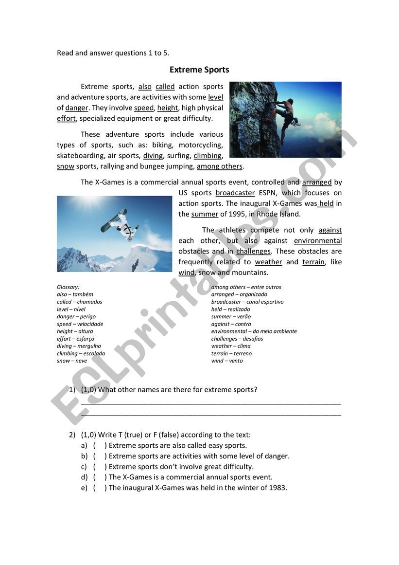 Reading And Comprehension About Extreme Sports ESL Worksheet By MavieBarbosa