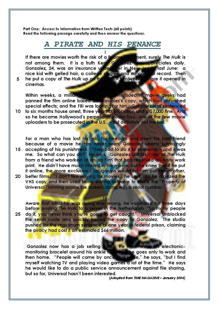 Reading Comprehension A PIRATE AND HIS PENANCE ESL Worksheet By Anatavner