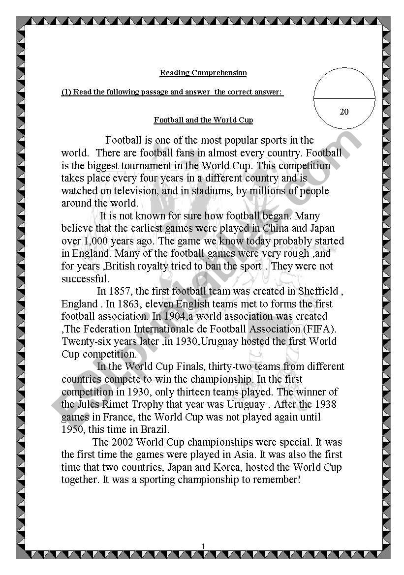 Reading Comprehension About Football ESL Worksheet By Tareq Reading Comprehension About Football ESL Worksheet By Tareq