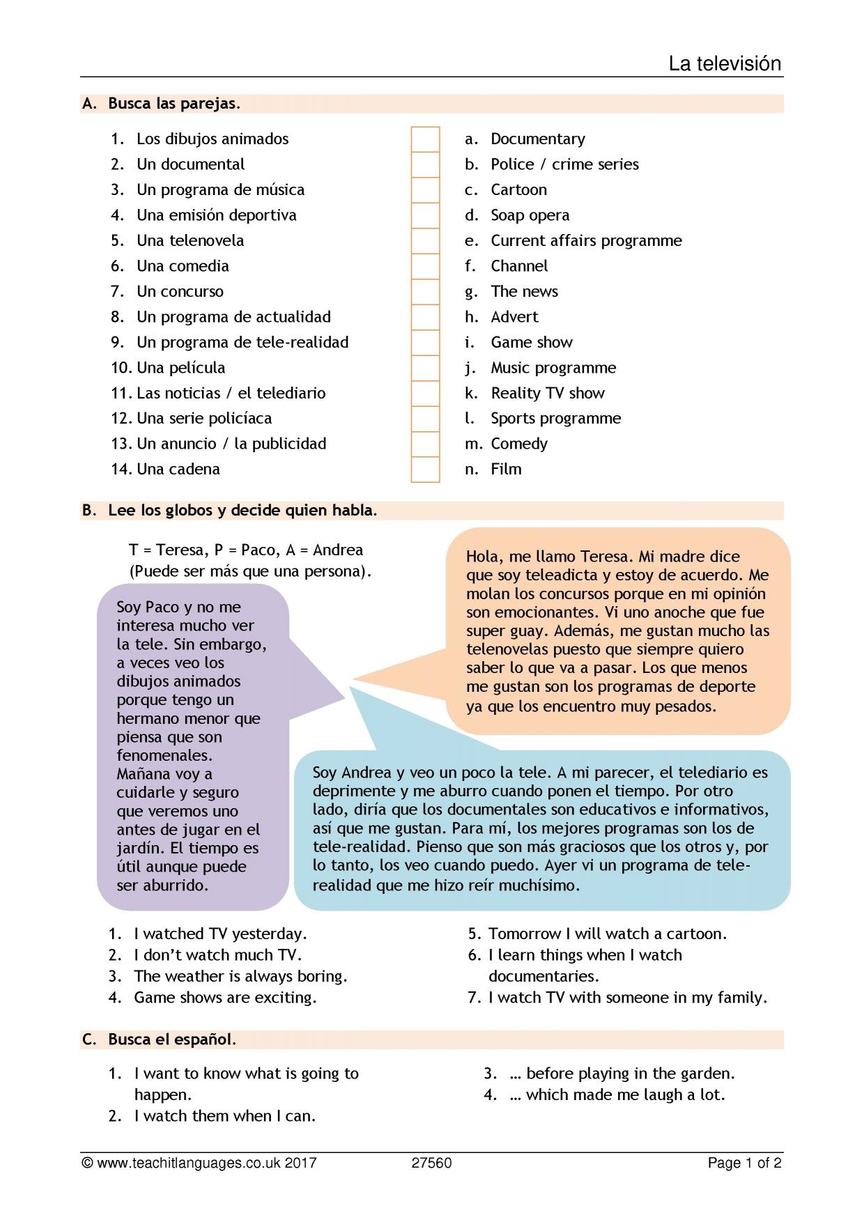 Reading Comprehension Delicate Television KS4 Spanish Teaching Reading Comprehension Delicate Television KS4 Spanish Teaching