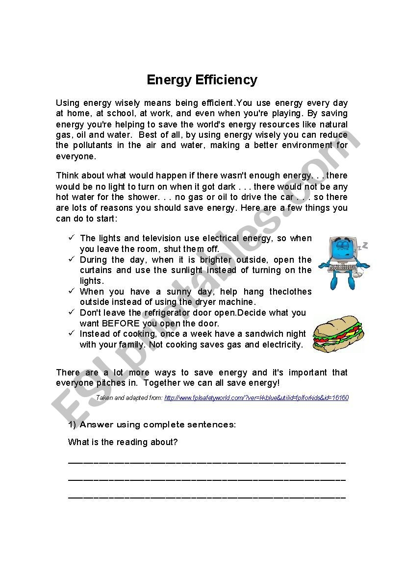 Reading Comprehension Energy Efficiency ESL Worksheet By Ldelag22