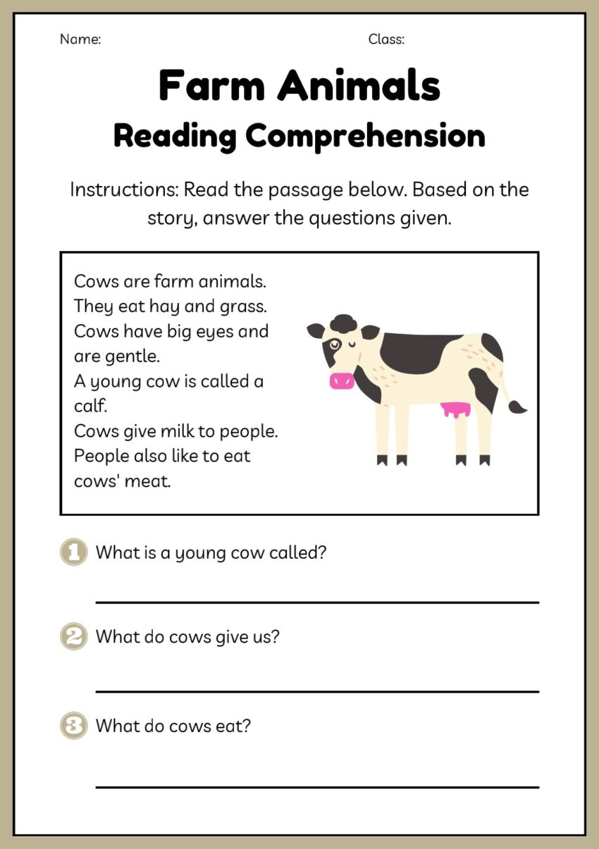 Reading Comprehension Farm Animals Sheets