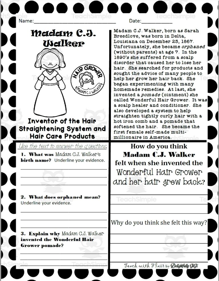 Reading Comprehension For Black History Month Madam C J Walker