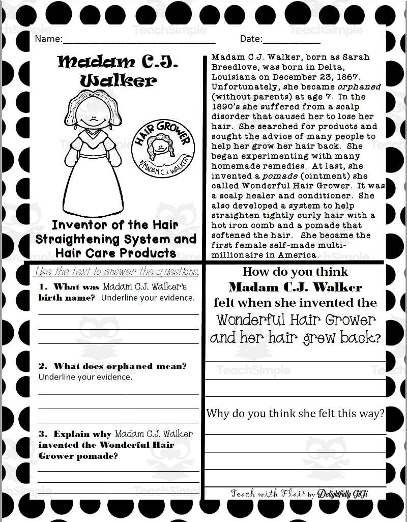 Reading Comprehension For Black History Month Madam C J Walker