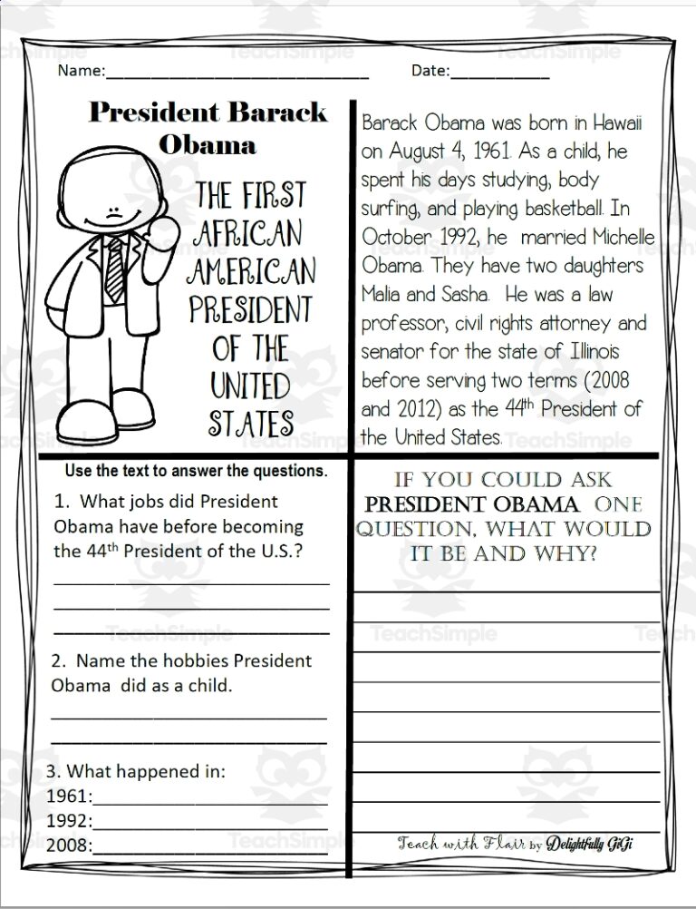Reading Comprehension For Black History Month President Barack Obama