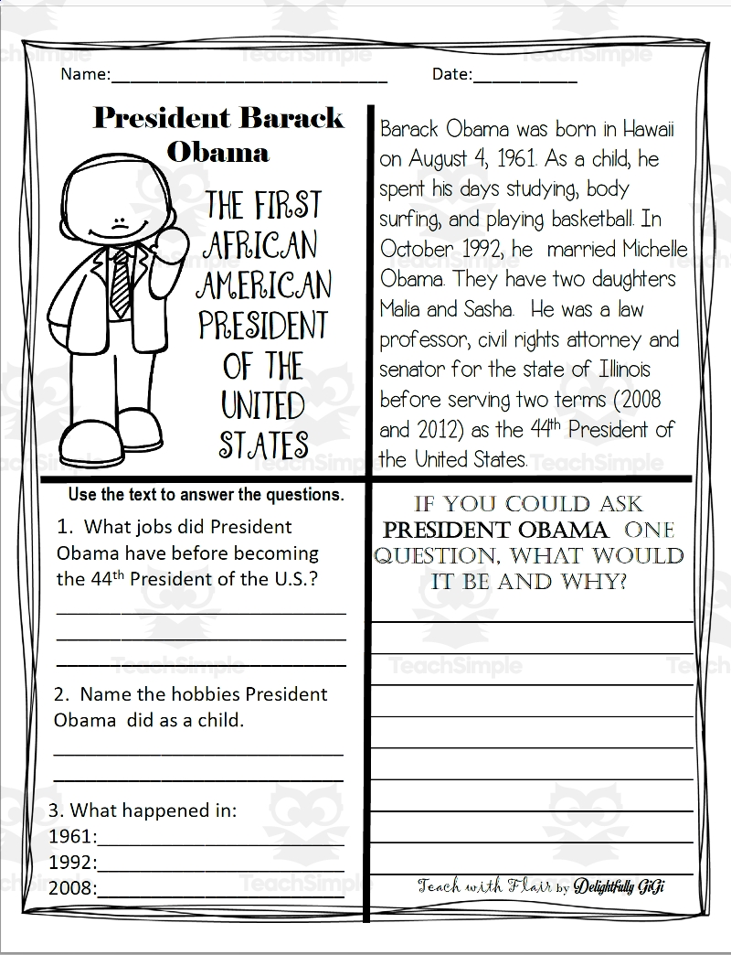 Reading Comprehension For Black History Month President Barack Obama