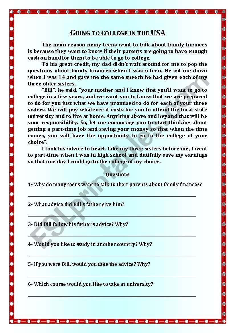 Reading Comprehension Going To College In The USA ESL Reading Comprehension Going To College In The USA ESL