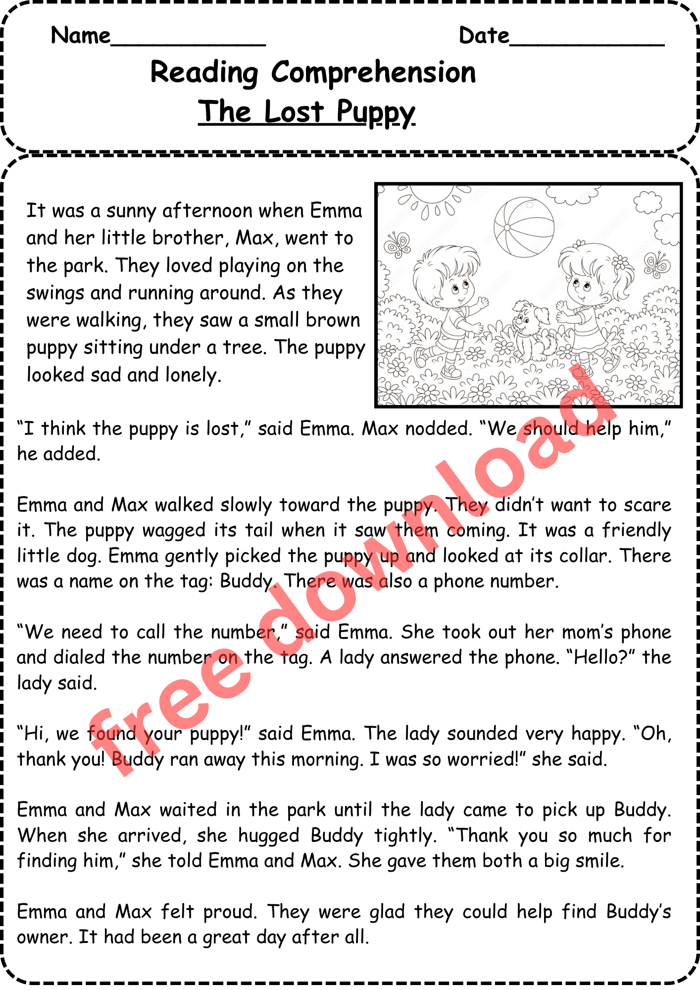 Reading Comprehension Grade 1 Free Worksheet The Lost Puppy With 5 Questions Reading Comprehension Grade 1 Free Worksheet The Lost Puppy With 5 Questions