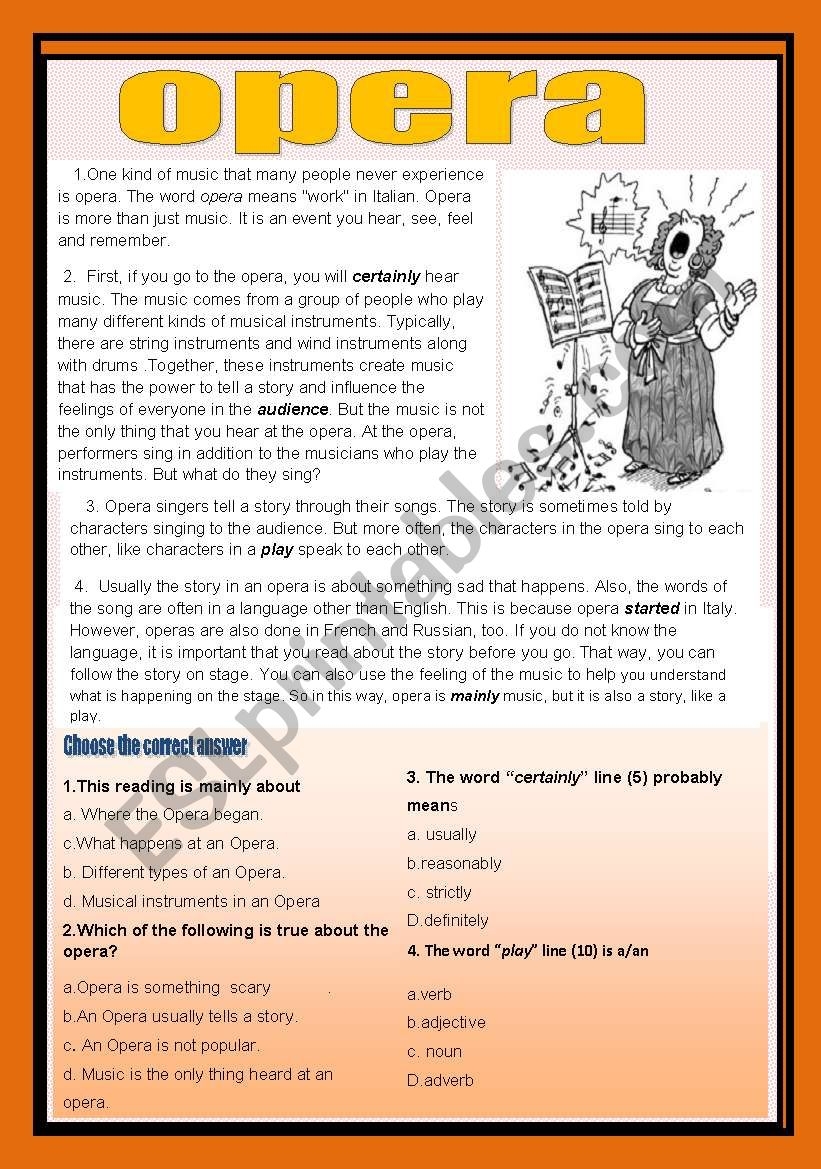 Reading Comprehension Music And Opera ESL Worksheet By Aaisha86 Reading Comprehension Music And Opera ESL Worksheet By Aaisha86